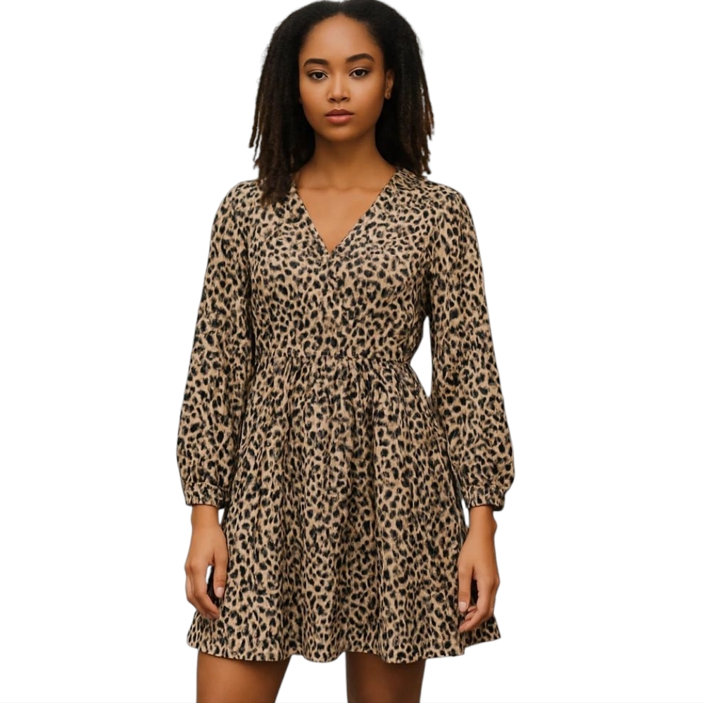 ASOS Women's Leopard Print Mini Dress V-Neck Zip Back Long Sleeve Size 12 US